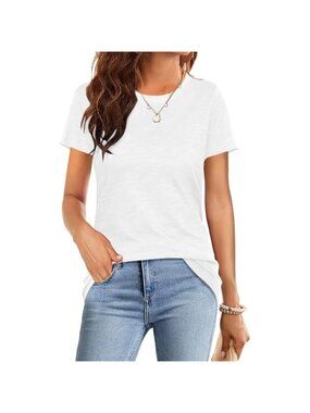 Women White Cotton Basic T-Shirt Soft Crewneck Casual Summer Tee
